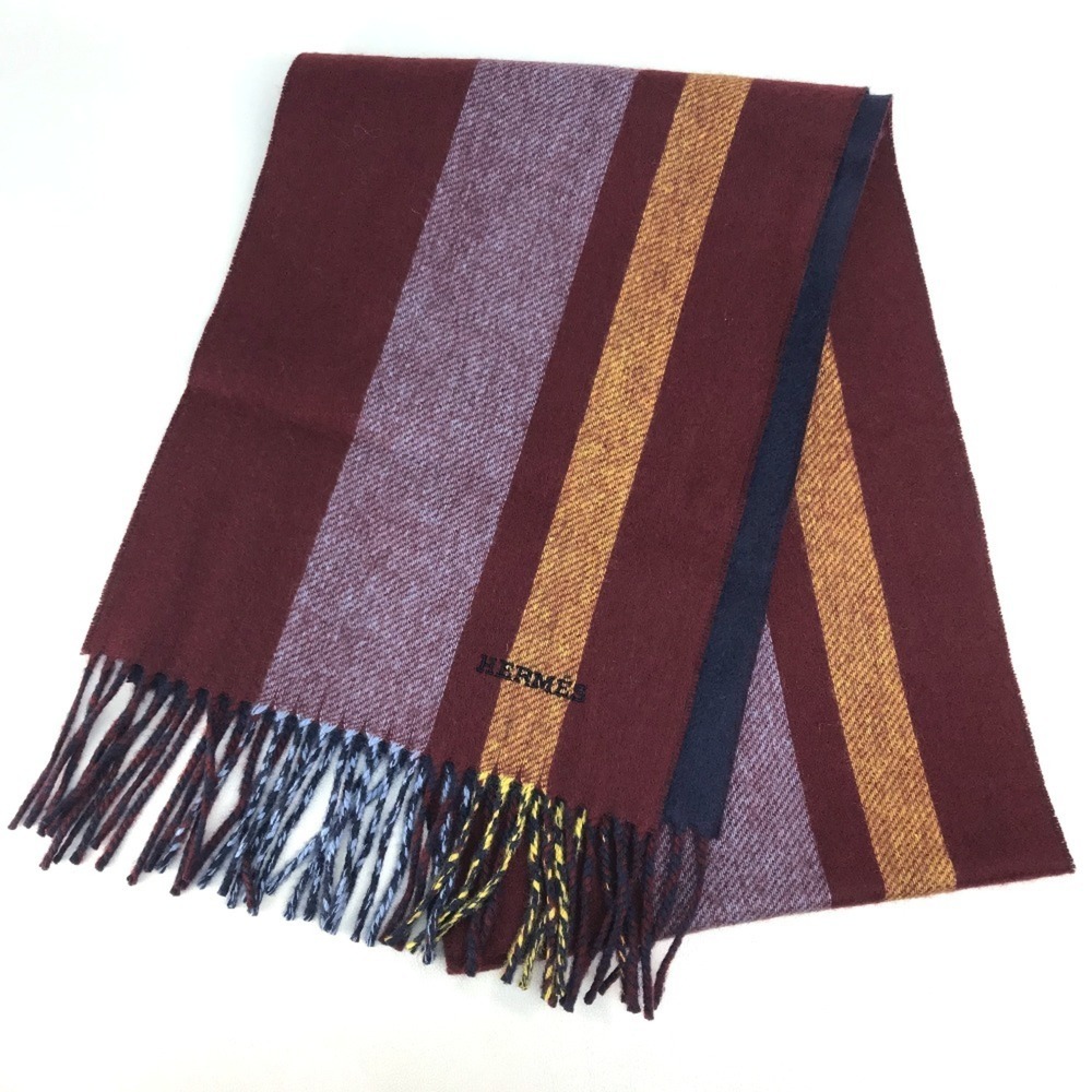 Hermes Alternate Stripe Muffler With Fringe Cashm… - image 1